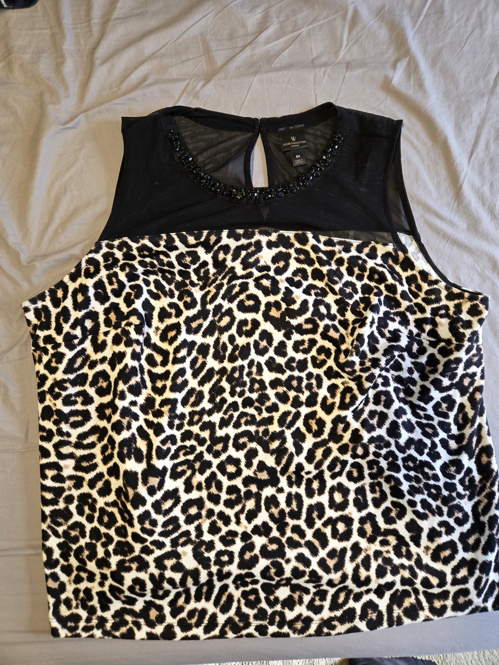 Worthington Black and Leopard Print Embellished Sleeveless Top